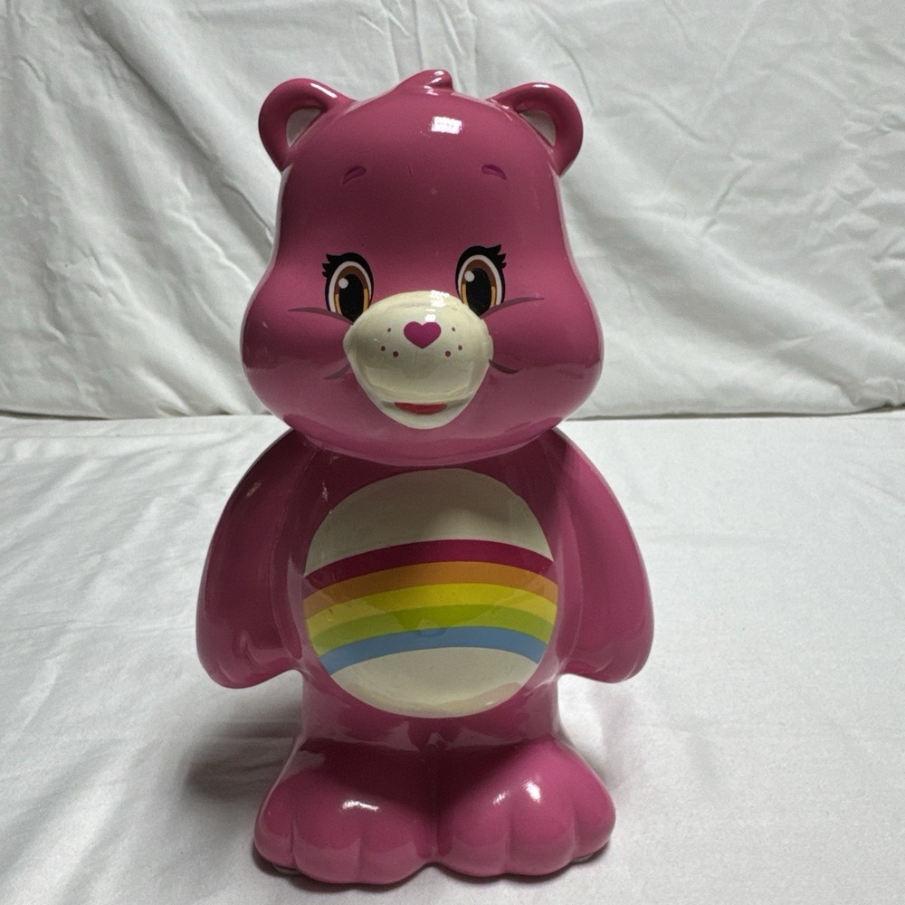 Care Bear 9" Pink 2015 Cheer Bear Ceramic Piggy Bank Rainbow Tummy w/Plug